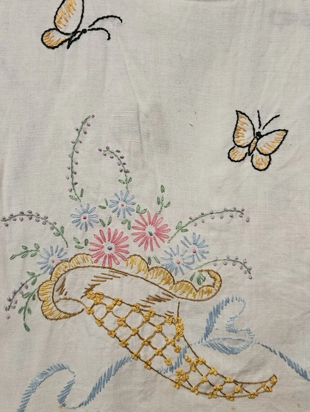 Vintage Embroidered Table Runner Cornucopia Butterflies Floral Blue Crochet Edge